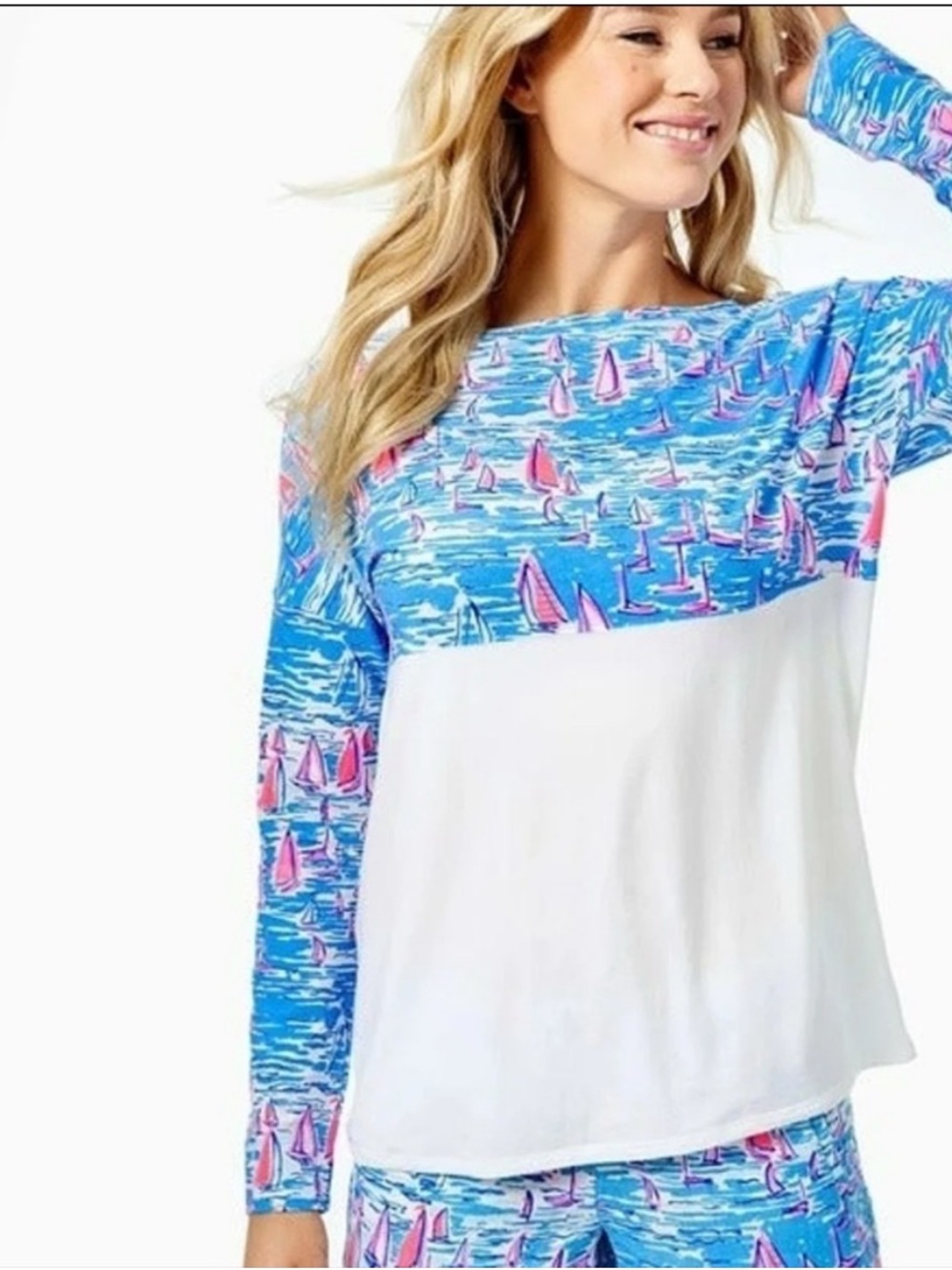 Lilly Pulitzer Blue, Pink & White Sailboat Yoke Pullover